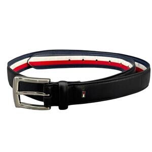 Tommy Hilfiger Black Leather Flag Logo Square Silver Buckle Belt Men Large